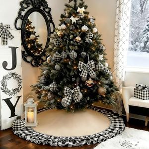 yuboo Burlap Buffalo Plaid Tree Skirt with 2-Layer Ruffle Border Large Christmas Tree Mat 48 inches for Halloween Fall Christmas Black White Decorations
