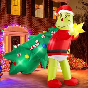 Christmas Green Big Monster Inflatable Decorations, 6FT Light Up Inflatable Christmas Outdoor Decorate Build-in 8 LED, Christmas Blow up Green Big Monster Stealing Christma Tree Decor for Garden Yard