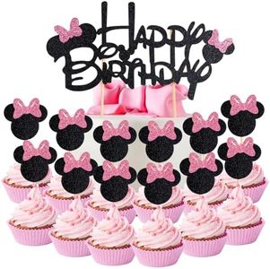 Wootkey Glitter Mouse Inspired Cupcake Toppers with Bow Black and Pink Happy Birthday Cake Topper Cupcake Picks 25Pcs Birthday Party Favors Cake Decorations Supplies