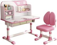 Reheyre Children Study Desk and Chair Set, Pink Desk Set with Adjustable Height, Drawers and Storage, Cartoon Pattern Childs Learning Tables and Chairs for Kids, Girls (Double Back Pink)