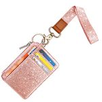 WAVEYU Glitter Lanyard Wallet,Lanyard for id Badges,Pink Lanyard Wallet for Women,Wrist Lanyard ID Card Holders Wallet, Lanyard Wallet with 6 Card Slots,1 ID Window,1 Zipper Pocket,Bling Rose Gold