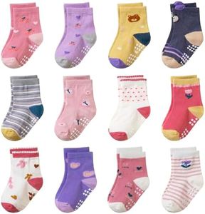 AMENLAN Toddler Non Slip Grips Socks Kids Anti Skid Baby Boys Girls Cotton Crew Socks 12 Pairs (Pink Flowers, 1-3 Years)