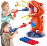 Movable Dinosaur Shooting Toys for Kids Games with 2 Air Pump Gun, Party Toys with Score Record, LED & Sound, 48 Foam Balls Electronic Target Practice Gift for Boys and Girls