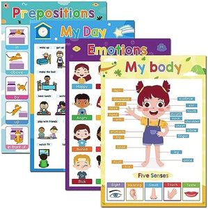 Lachilly Emotions, Prepositions, My Body, My Day Educational Posters for Toddlers, Classroom Decorations, Kindergarten Supplies Materials, Teacher Teaching Aids, 4Pcs for Distance Learning, A3 Size