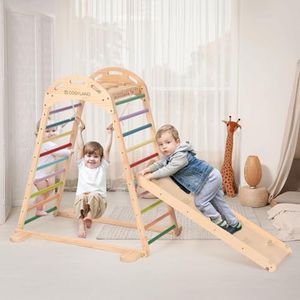 COSYLAND Indoor Playground Jungle Gym Playset for Kids, 7 in 1 Climbing Toys for Toddlers with Slide and Beech Hanging Ring,Quick Installation Sturdy Indoor Climbing Playset for Small Space (Rainbow)