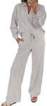 EVALESS Two Piece Sets for Women Fall 2024 Lounge Sets Casual Long Sleeve V Neck Sweatshirt and Wide Leg Sweatpants Sweatsuit Matching Sets Women Clothing Gray XX-Large