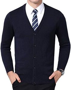 Flygo Mens Casual Slim Fit Lightweight Long Sleeve V-Neck Cardigan Sweater (Medium, Navy)