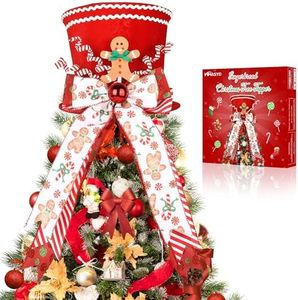 HMASYO Gingerbread Christmas Tree Topper, Velvet Red Tree Topper Hat with Candy Cane Gingerbread Ornament Bows, Top Hat Xmas Tree Topper for Home Office Holiday Tree Decoration Xmas Festive Gift