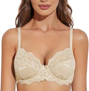 Deyllo Women’s Sheer Lace Bra Underwire Unlined Bra Full Coverage Non Padded（Beige,34D