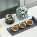 Floral-Themed Portable Tea Set (Lotus), Gongfu Tea Set for One to Three, 1 Ceramic Teapot and 3 Mini Cups, Chinese Tea Set Gift