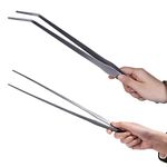 Firesteed Long Handle Aquarium Tweezers Serving Tongs,2 Pack Stainless Steel Straight and Curved Tweezers Set for Fish Tank Plants Reptile Feeding Tongs（15 Inchs）