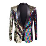 PYJTRL Men Stylish Two Color Conversion Shiny Sequins Blazer Suit Jacket (Colorful, S)