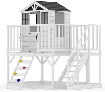 GarveeLife Outdoor Wooden Playhouse with Climbing Wall, 2 Story Wooden Playhouse with Step Ladder, Elevated Modern Cedar Playhouses Kids