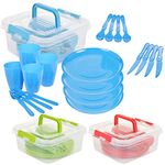 21 Piece Plastic Picnic Camping Party Dinner Plate Mug Cutlery Set Storage Box