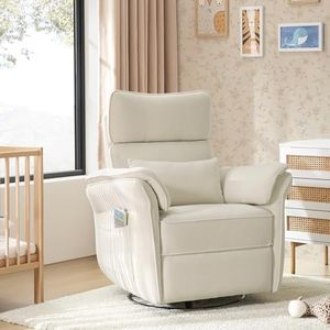 HULALA HOME Nursery Glider Recliner with Adjustable Headrest and Armrests, Power Swivel Rocker Recliner with USB Port and Storage Bags, Modern Nursery Chair for Nursing Room Bedroom, Beige