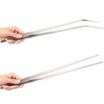 2-Pack 15 inch Heavy Duty Stainless Steel Long Tweezers, Curved and Straight Design with No Slip Grasp Tips Reptile Feeding Tongs, Aquascape Tools Snake Bearded Dragon Tank Accessories