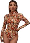 Verdusa Women's High Neck Long Sleeve Floral Print Tee Bodysuit Leotard Tops Orange Multi X-Small