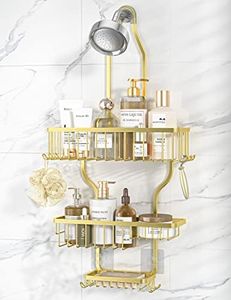 YASONIC Shower Caddy Hanging - Never Rust Shower Organizer - Aluminum over The shower head caddy with 10 Hooks for Razor/Sponge - Shower Rack with Soap Basket - Gold