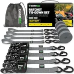 RHINO USA Ratchet Straps Tie Down Kit, 5,208 Break Strength - Includes (4) Heavy Duty Rachet Tiedowns with Padded Handles & Coated Chromoly S Hooks + (4) Soft Loop Tie-Downs