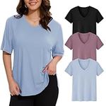 HLTPRO 3 Pack V Neck T Shirts for Women - Soft Summer Short Sleeve Oversized Loose Fit Tops Plus Size Tshirts Trendy 2025 for Casual Workout Black Pink Blue