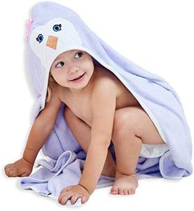 HIPHOP PANDA Hooded Towel - Rayon Made from Bamboo, Bath Towel with Bear Ears for Newborn, Babie, Toddler, Infant - Absorbent Large Baby Towel - Purple Penguin, 30 x 40 Inch