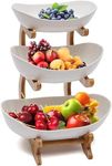 Dreamhigh® Ceramic Fruit Cake Stand with 3 Levels, Space-Saving Fruit Basket Stand for the Family, Stable and Without Thringing, Modern Fruit Bowl with Natural Bamboo Stand, Fruits, Snacks