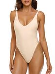 RELLECIGA Women's Creams High Cut Low Back One Piece Thong Swimsuit for Women Size Large