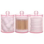 Tbestmax 3 Pack Cotton Swab Ball Pad Holder, 10 Oz Qtip Apothecary Jar Pink Makeup Organizer, Bathroom Containers Dispenser