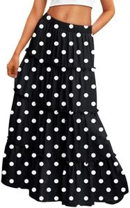 Trendy Queen Polka Dot Skirt Vacation Outfits Boho Maxi Skirts for Women Elastic High Waist Dress with Pockets Fashion BlackPolkaDot XS