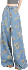 kakarin choyx Fashion Casual Women's Jeans High Waisted Y2K Vintage Cute Floral Printed Streetwear Baggy Denim Pants 10 Blue