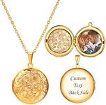 U7 Round Locket Jewelry Memorial Gift 18K Gold Plated Flower Engraved Photo Locket Pendant Necklaces, Chain 22 Inch