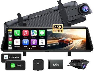 2.5K Mirror Dash Cam Carplay Mirror & Android Auto with Pullable Front Camera, 10" Rear View Mirror Backup Camera with Voice Control/BT Call/64GB Card Included-JOMISE C810