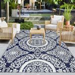 Capslpad Reversible Mats Boho Flower Outdoor Rug 150 x 245 cm for Patio Portable Plastic Straw Rug Waterproof RV Camping Rug for Porch Balcony Backyard Beach Barbecue Deck Deck, Blue