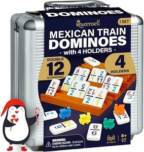 Queensell Mexican Train Dominoes Set with Numbers and 4 Holders - Wooden Hub and Domino Holders - Double 12 with Numbers (D12 Numbers + 4 Holders)