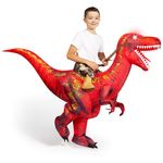 Spooktacular Creations Kids Inflatable Dinosaur Costume, LED Light Eyes Ride-on T-rex Costume, Riding a Red Raptor Digital Printing Air Blow Up Halloween Costumes