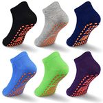 GRPSKCOS Non Slip Kids Socks- 6 Pairs Trampoline Anti-Skid Socks Sticky Grips Indoor Breathable Socks for Boys Girls Kids (01 Black+Grey+Navy+Blue+Green+Dark Purple, 6-9 Years)