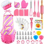 INNOCHEER Real Kids Baking and Cooking Set for Girls, 54PCS Chef Costume Set with Kids Apron, Chef Hat, Cooking Tools and Baking Supplies, Kitchen Utensils and Recipes for Child Junior Chefs 3+