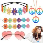 70s Accessories for Women, 7 PCS 70s Fancy Dress Women Include Flower Crown Headband Wristband and Hippie Sunglasses, Peace Sign Necklace and Earrings for 60s Party Dressing(Rainbow)