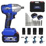 21V MAX Brushless Cordless Impact Wrench Car Repair Wheel Nut Gun Electric 420 N.M High Torque Impact Wrench Power Wrench Electric Cordless Driver with 4 Sockets + 12 Driver Bits+ 2x 6.0AH Battery