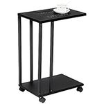 H JINHUI C Shaped Side Table, Sofa End Table with Sturdy Metal Frame for Small Space, TV Trays Mobile Snack Couch Table, Slides Next to Couch, Coffee Table with Lockable Wheels (Black)