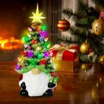 Christmas Resin Gnome Statue,Gnome Statue with Christmas Tree Hat,Glowing Christmas Tree LED Lights, Holding A Gift Christmas Tree Resin Gnome for Kids Women Holidays Decorations