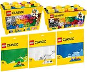 BRICKCOMPLETE Lego Classic Set of 5: 10696 Medium Building Blocks Box, 10698 Lego Large Building Blocks Box, 11023 Green Building Plate, 11025 Blue Building Plate & 11026 White Building Plate