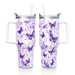 Aokoyi Butterfly Gifts Tumbler for Women Mom, Butterflies Print Leakproof Coffee Travel Mug, Lavender 40 Oz Tumblers with Handle and Straw Water Bottle Cup Gift Ideal