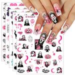 Pink Halloween Nail Stickers, 10 Sheets Self-Adhesive Nail Decal Ghost Skull Spider Witch Nail Art Decoration Design Supplies