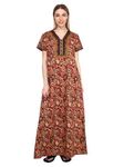 Evolove Cotton Nighty Maxi for Women with Side Pocket | Printed Short Sleeves Full Length Night Wear Gown Reddish Brown X-Large