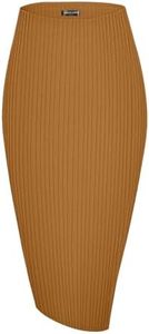 Urban CoCo Elastic High Waist Knee Length Pencil Skirt Ribbed Knit Basic Tube Midi Skirt, Camel, Large