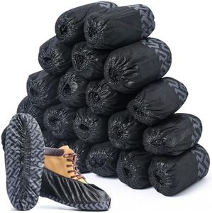 ioiopeak Shoe Covers Disposable 200 Pack (100 Pairs) - Durable, Non-Slip, Water Resistant, and Recyclable Boot Covers for Indoor and Outdoor Use - One Size Fits Most (Non-woven-Black)