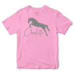 Silver Glitter Personalised Girls Horse Jumping T Shirt, Custom Equestrian Gifts Girls Tshirt, Christmas and Birthday Gifts for Daughter who Loves Riding Horses and Ponies, 5-6 Years, Light Pink