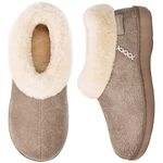 EverFoams Women's Micro Suede Memory Foam Slippers with Fluffy Faux Fur Collar and Indoor Outdoor Rubber Sole (Taupe, Size 7-8 M US)