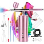 Airbrush Kit with Compressor Rechargeable Portable Air Brush Paint Kit High-Pressure Nail Airbrush with Nozzle and Cleaning Brush Set for Nail Art, Makeup, Painting, Cake Decor (Pink) (Pink)